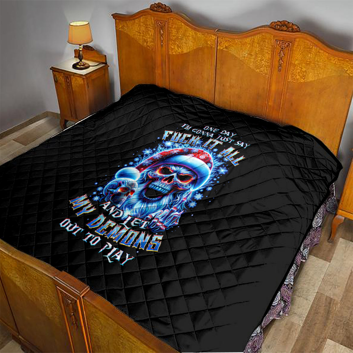 Skull Santa Claus Quilt One Day Say Fuck Itt All And Let My Demons Out - Wonder Print Shop