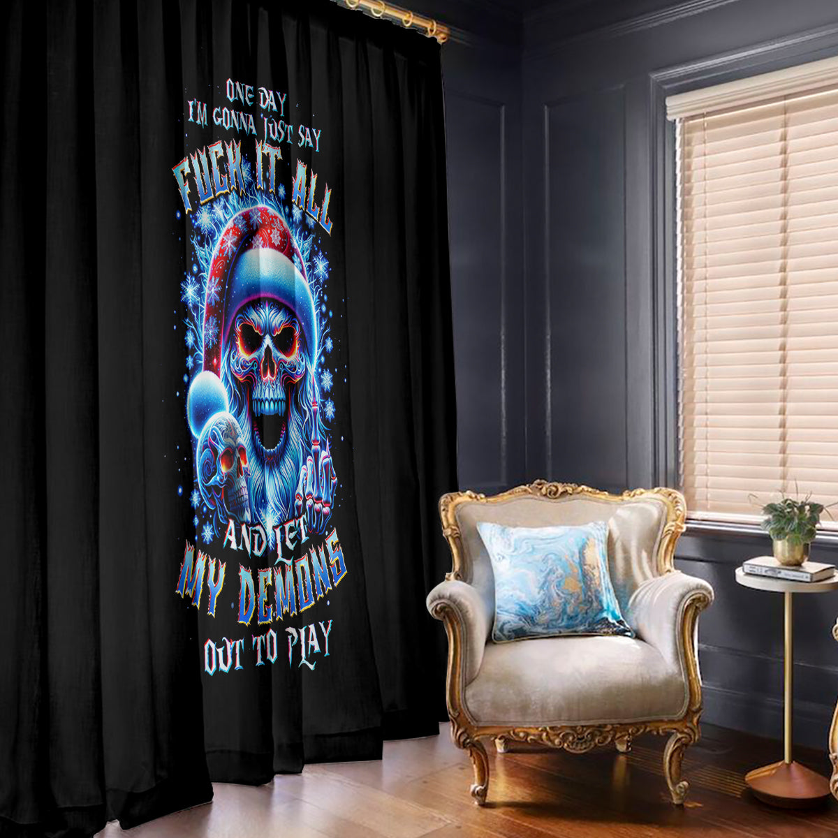 Skull Santa Claus Window Curtain One Day Say Fuck Itt All And Let My Demons Out - Wonder Print Shop
