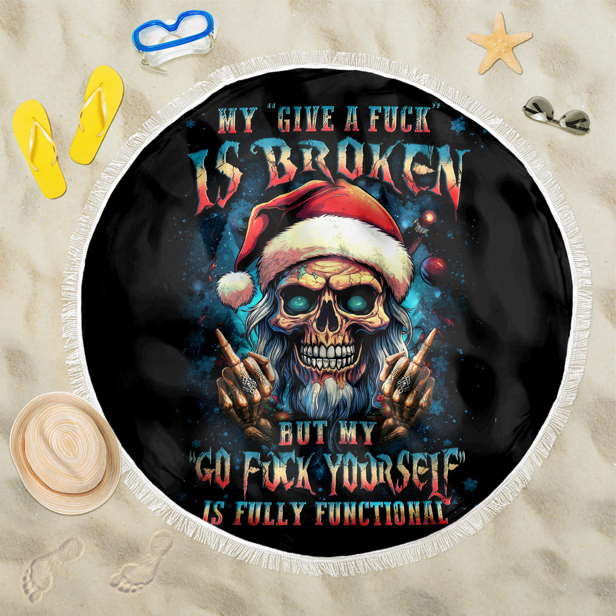 Skull Santa Claus Beach Blanket My Give A Fuck Is Broken My Go Fuck Yourself - Wonder Print Shop