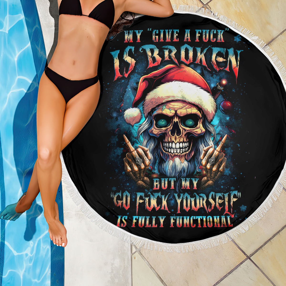 Skull Santa Claus Beach Blanket My Give A Fuck Is Broken My Go Fuck Yourself - Wonder Print Shop