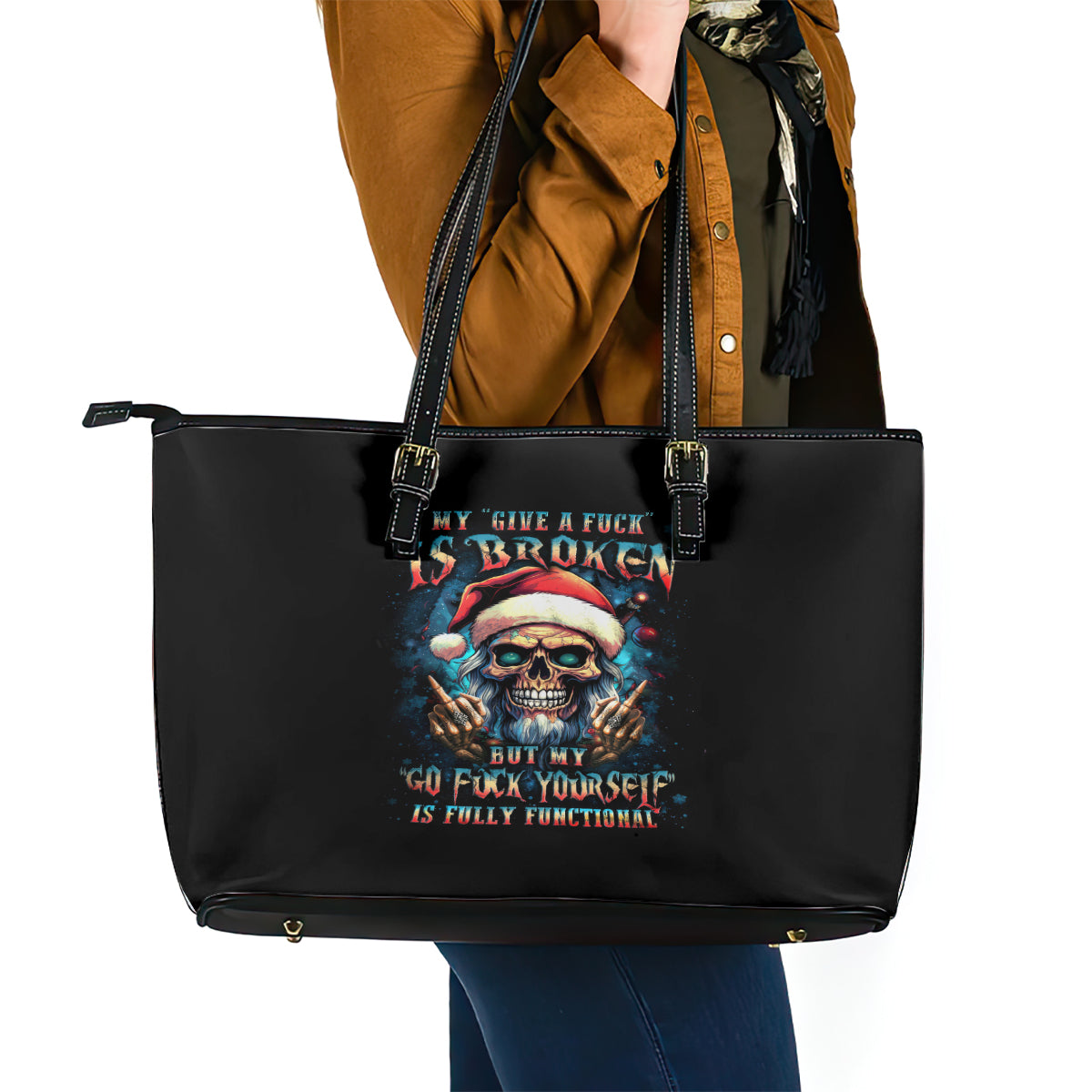 Skull Santa Claus Leather Tote Bag My Give A Fuck Is Broken My Go Fuck Yourself - Wonder Print Shop