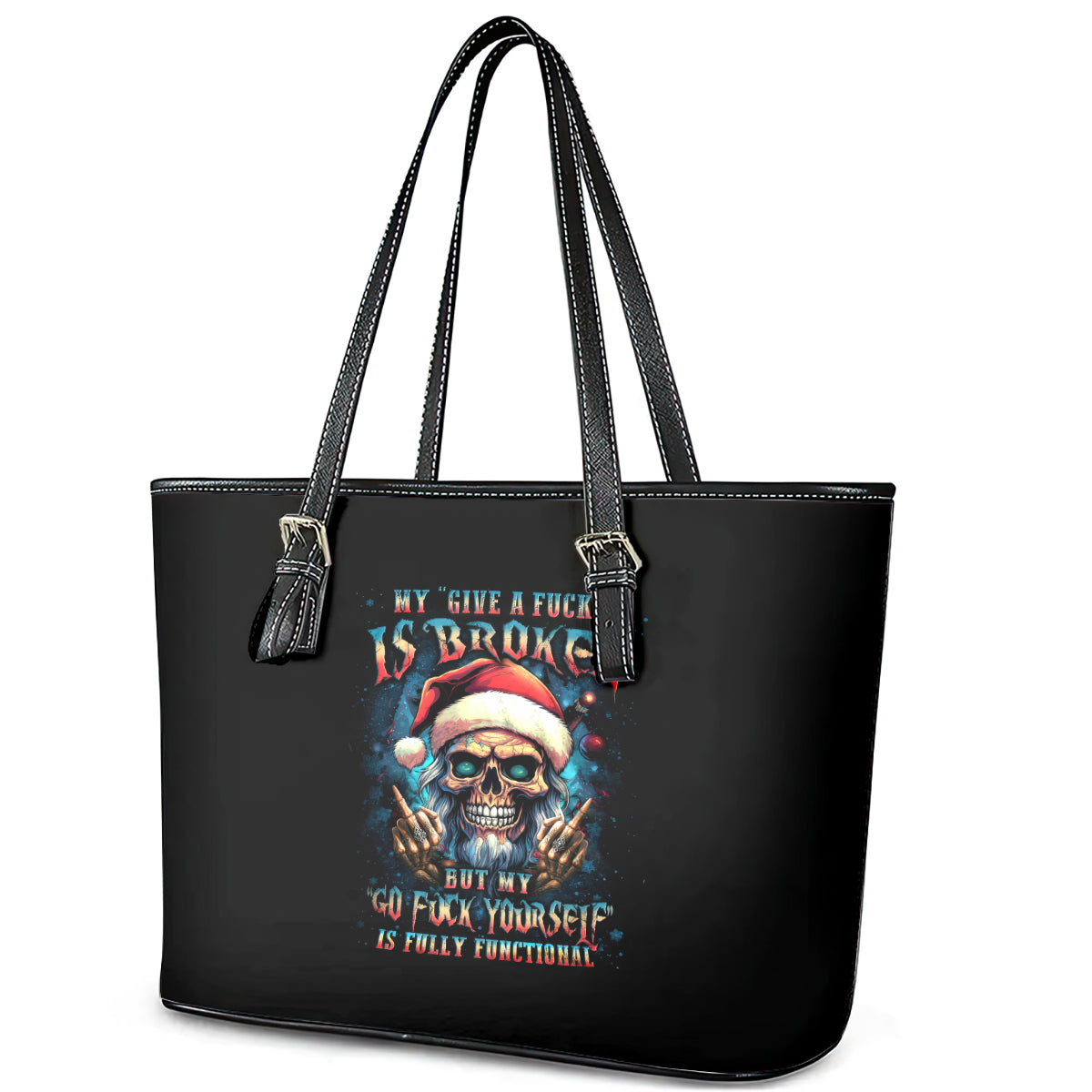 Skull Santa Claus Leather Tote Bag My Give A Fuck Is Broken My Go Fuck Yourself - Wonder Print Shop