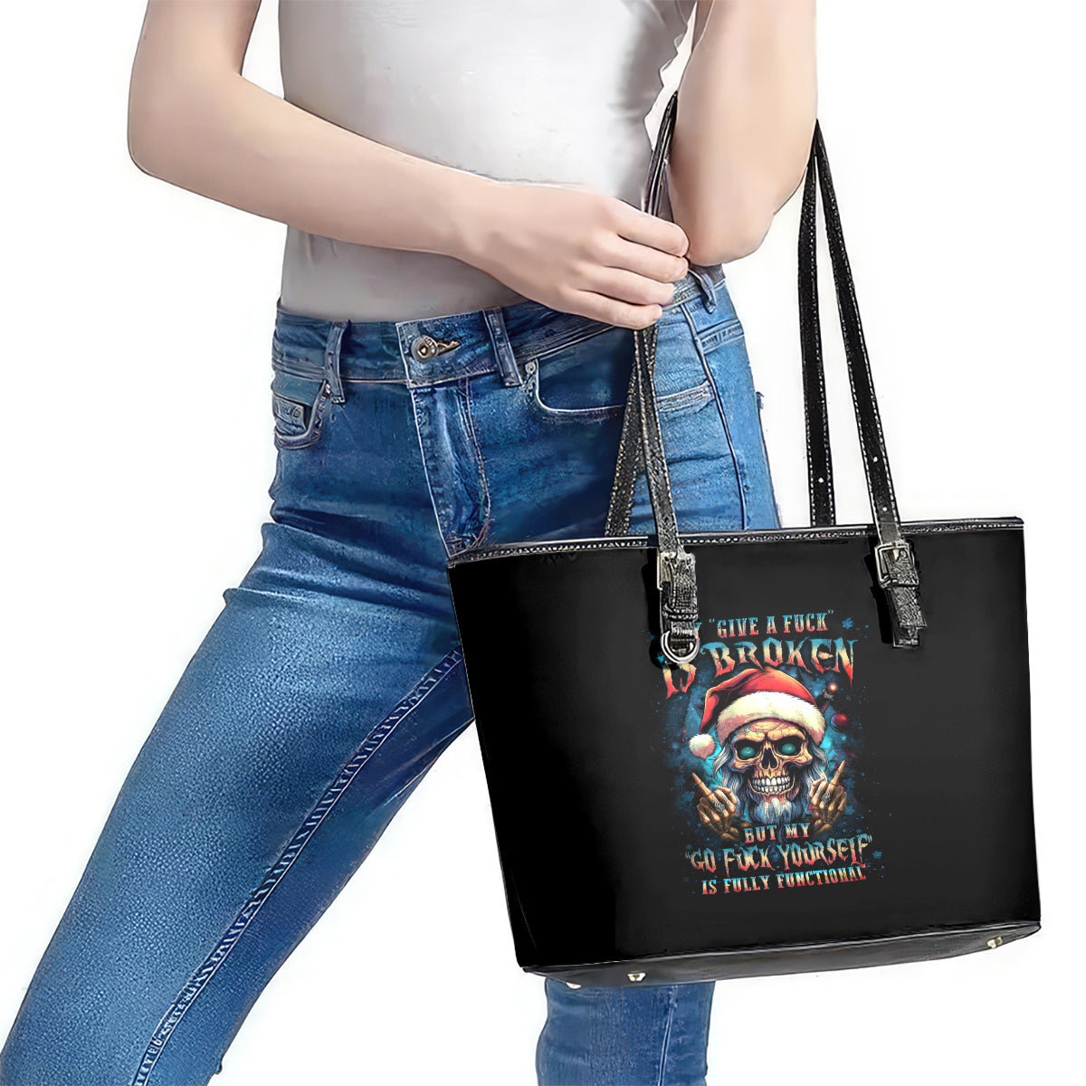 Skull Santa Claus Leather Tote Bag My Give A Fuck Is Broken My Go Fuck Yourself - Wonder Print Shop