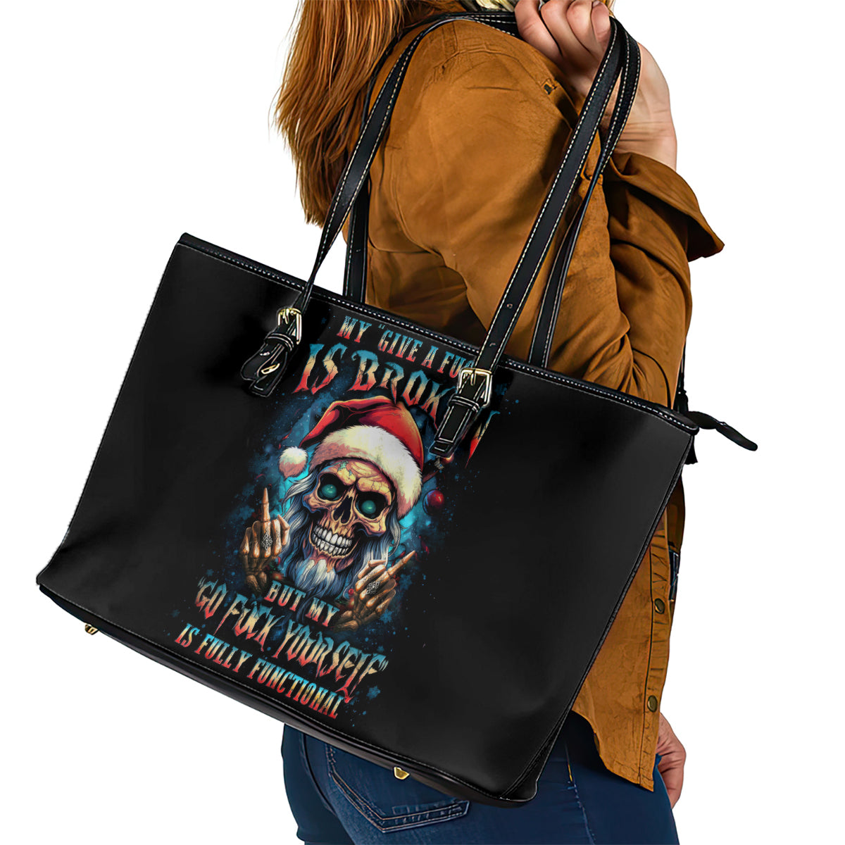 Skull Santa Claus Leather Tote Bag My Give A Fuck Is Broken My Go Fuck Yourself - Wonder Print Shop