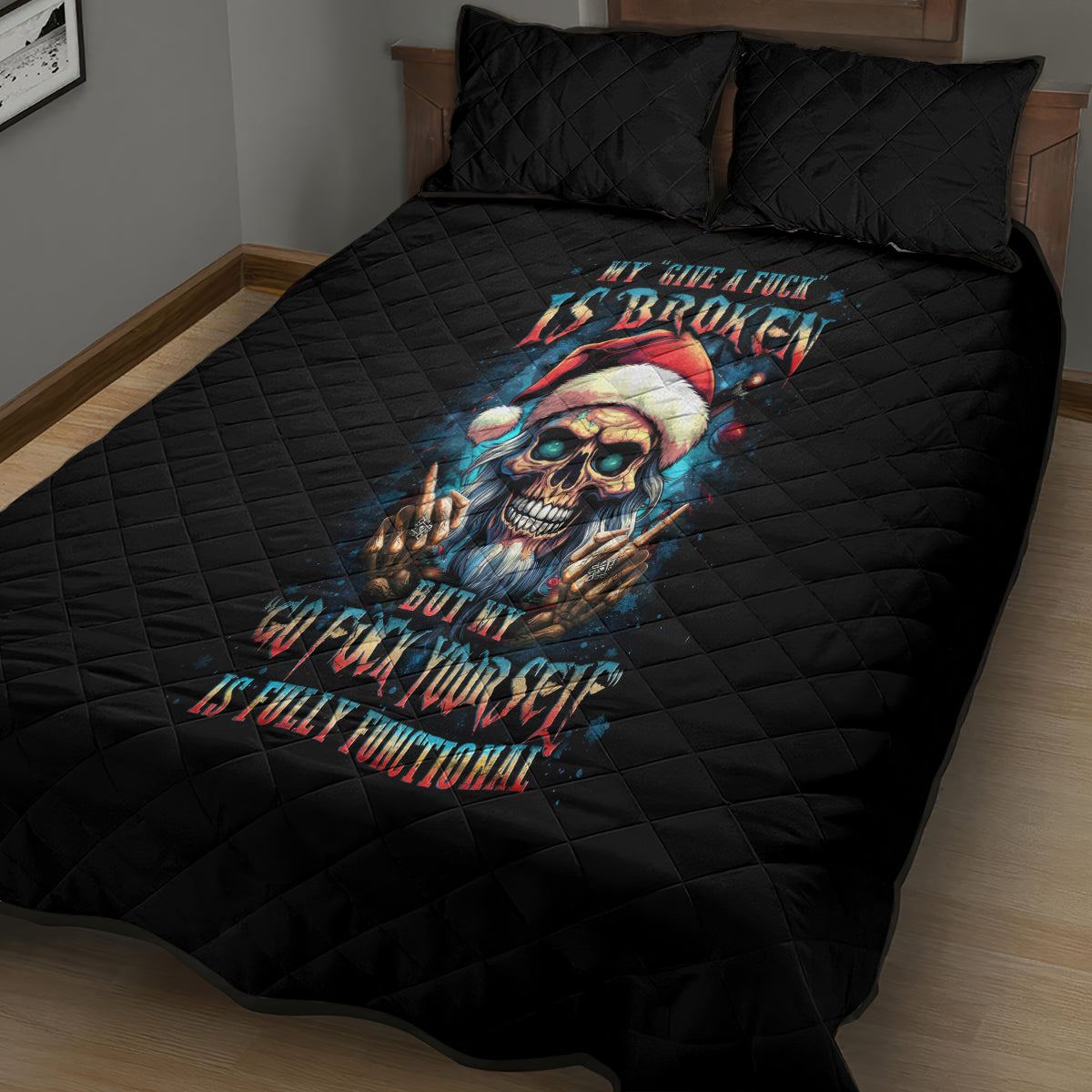 Skull Santa Claus Quilt Bed Set My Give A Fuck Is Broken My Go Fuck Yourself - Wonder Print Shop