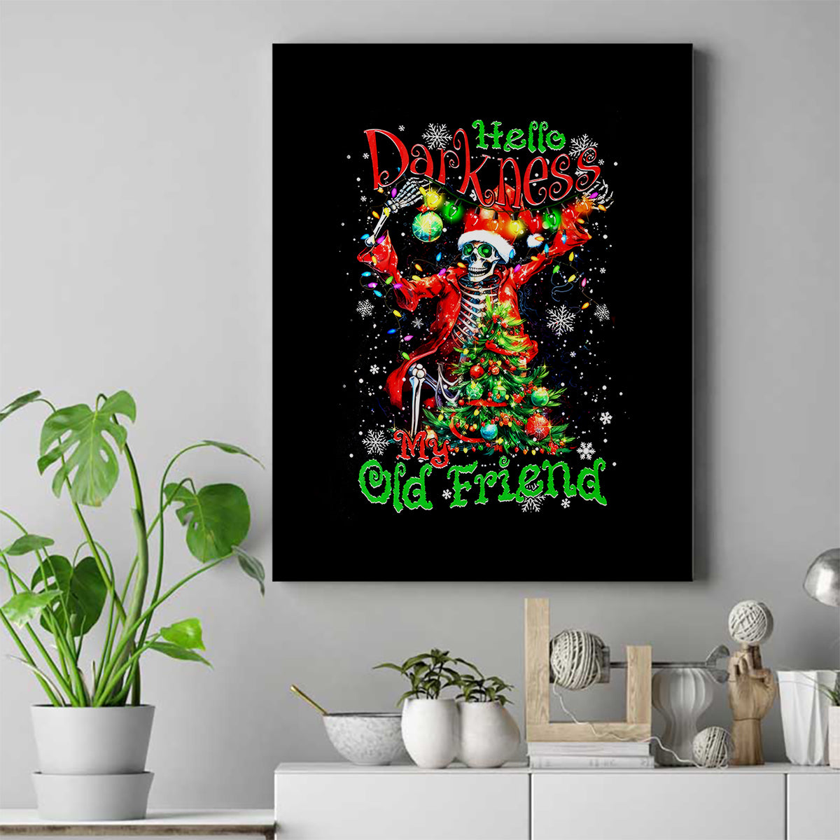 Skeleton Santa Claus Canvas Wall Art Hello Darkness My Old Friend - Wonder Print Shop
