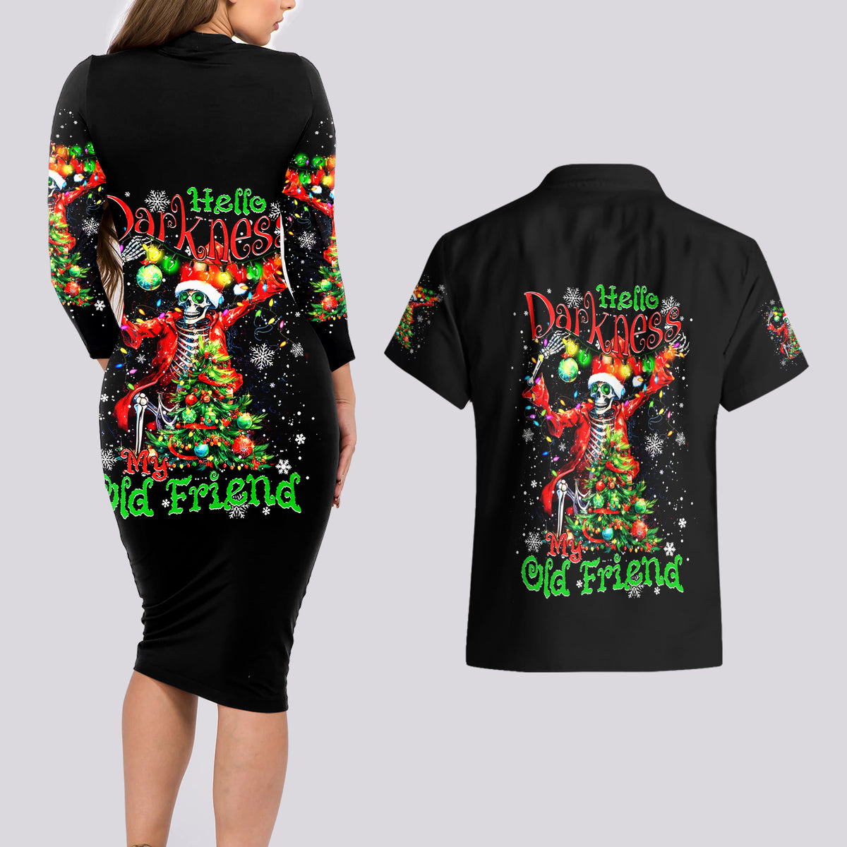 Skeleton Santa Claus Couples Matching Long Sleeve Bodycon Dress and Hawaiian Shirt Hello Darkness My Old Friend - Wonder Print Shop