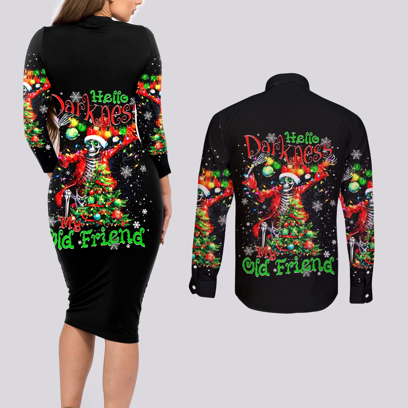 Skeleton Santa Claus Couples Matching Long Sleeve Bodycon Dress and Long Sleeve Button Shirt Hello Darkness My Old Friend - Wonder Print Shop