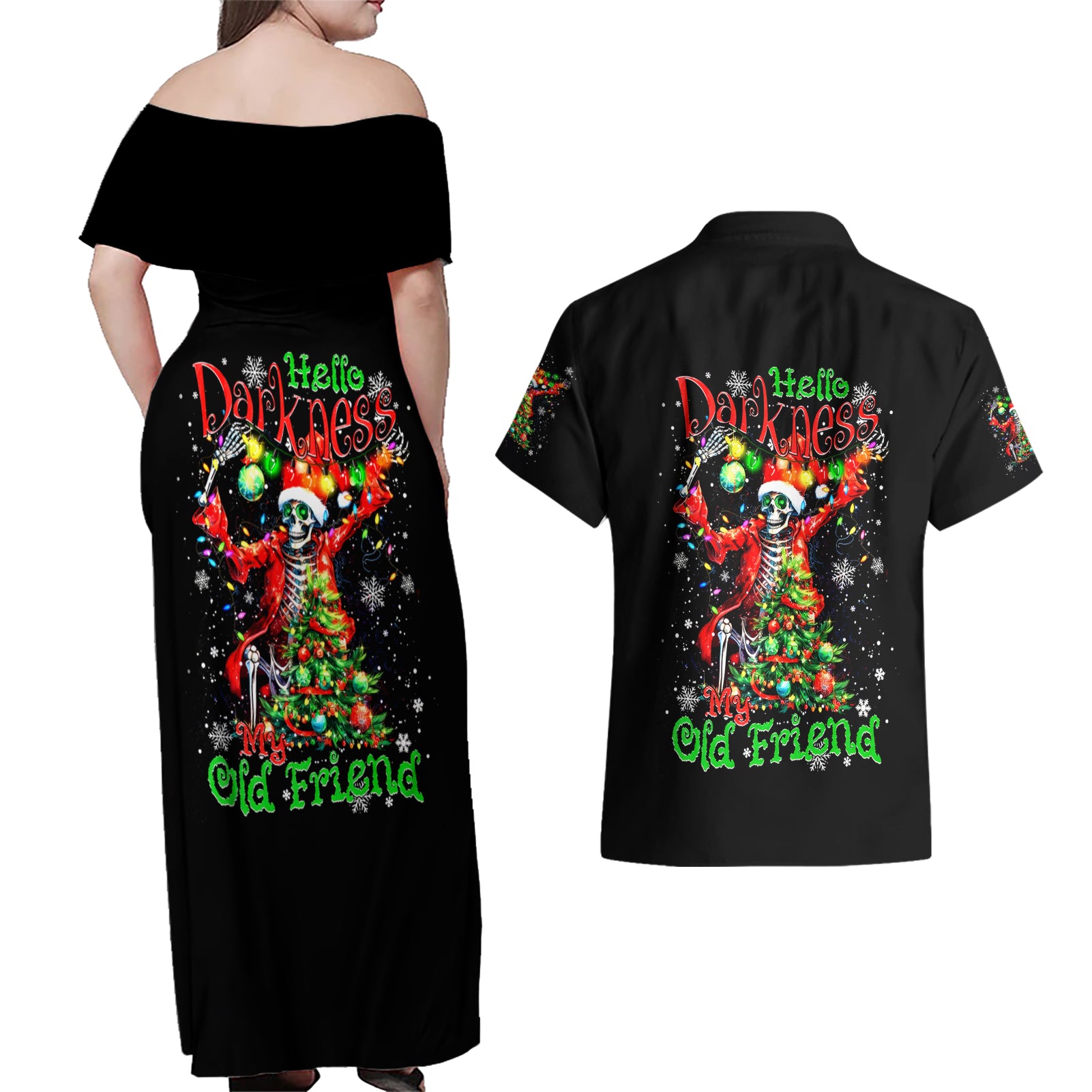 Skeleton Santa Claus Couples Matching Off Shoulder Maxi Dress and Hawaiian Shirt Hello Darkness My Old Friend - Wonder Print Shop