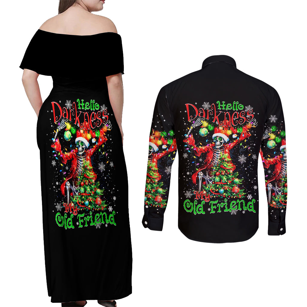 Skeleton Santa Claus Couples Matching Off Shoulder Maxi Dress and Long Sleeve Button Shirt Hello Darkness My Old Friend - Wonder Print Shop
