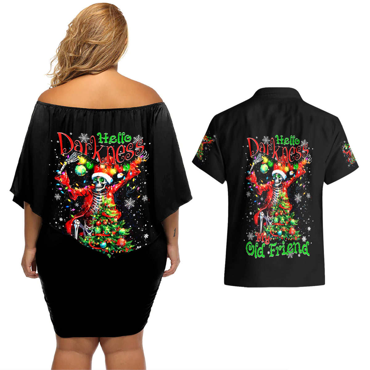 Skeleton Santa Claus Couples Matching Off Shoulder Short Dress and Hawaiian Shirt Hello Darkness My Old Friend - Wonder Print Shop