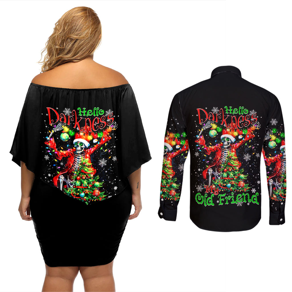 Skeleton Santa Claus Couples Matching Off Shoulder Short Dress and Long Sleeve Button Shirt Hello Darkness My Old Friend - Wonder Print Shop