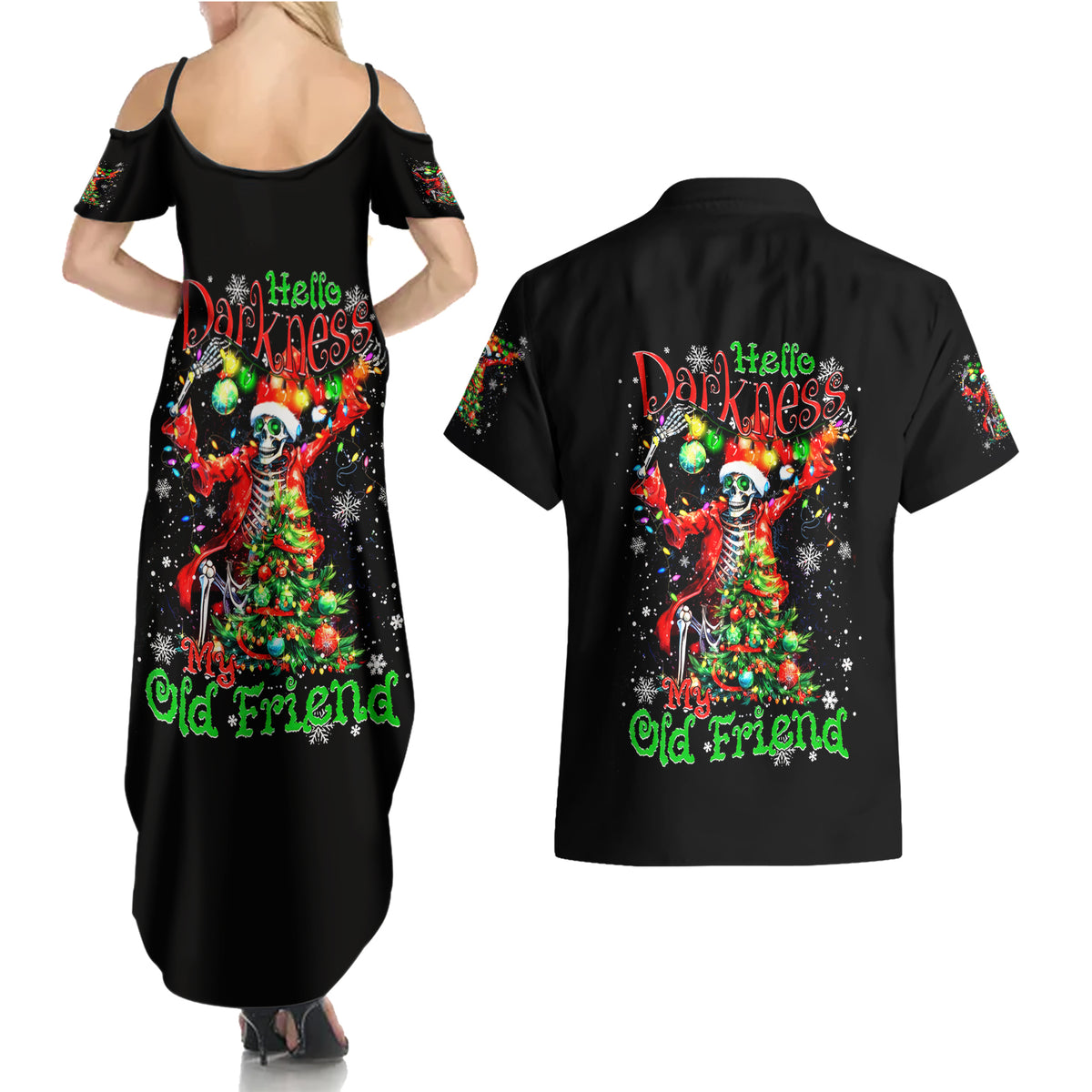 Skeleton Santa Claus Couples Matching Summer Maxi Dress and Hawaiian Shirt Hello Darkness My Old Friend - Wonder Print Shop