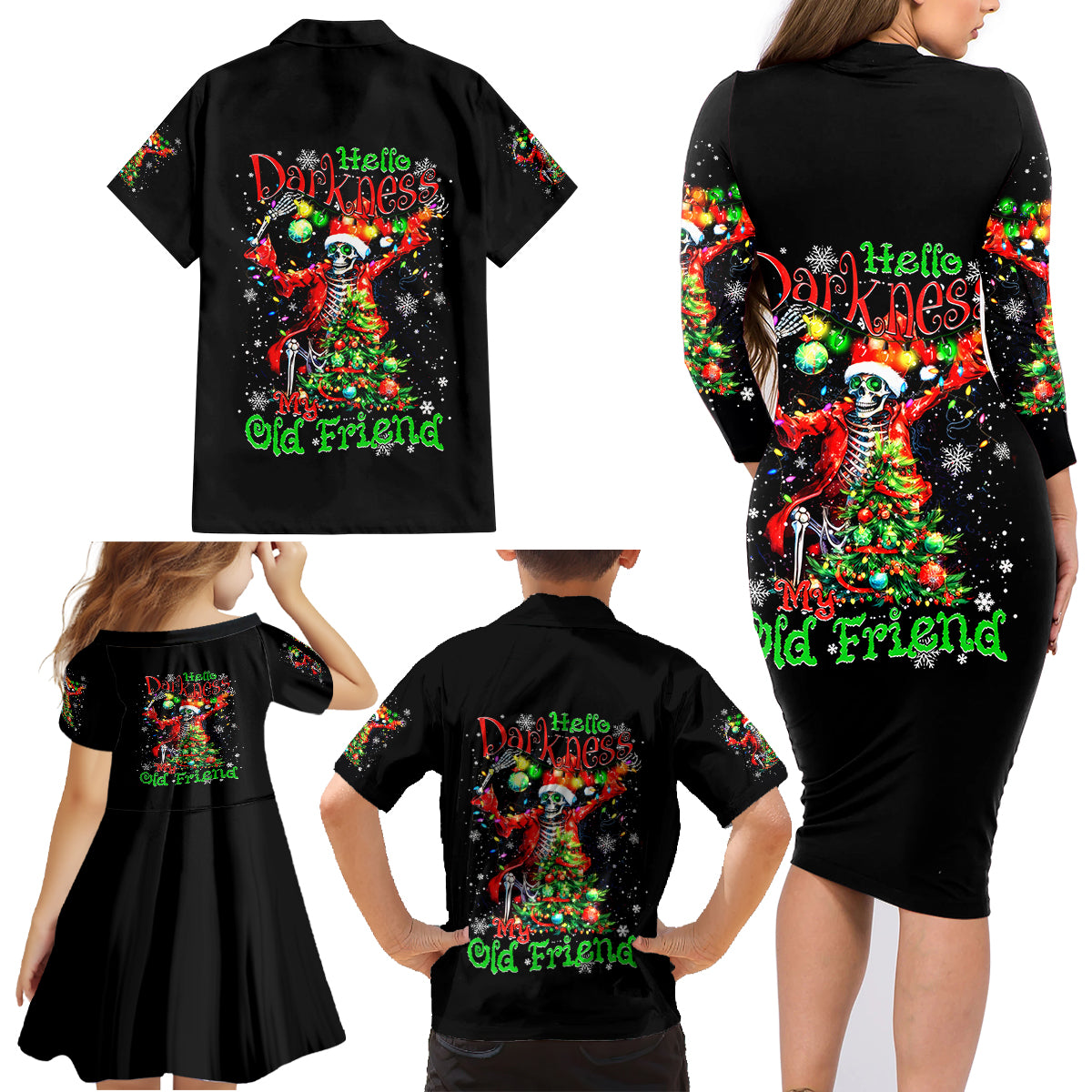 Skeleton Santa Claus Family Matching Long Sleeve Bodycon Dress and Hawaiian Shirt Hello Darkness My Old Friend - Wonder Print Shop