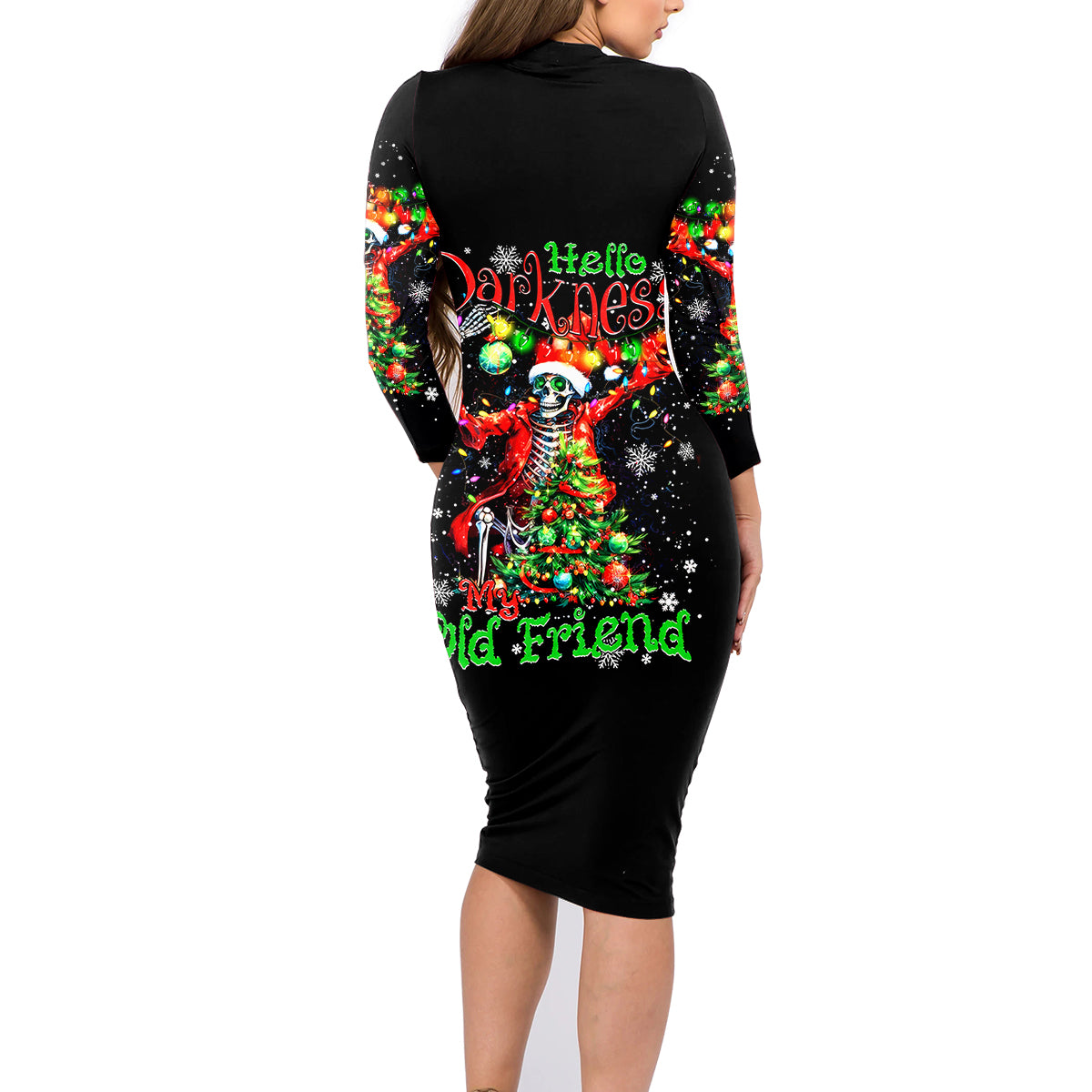 Skeleton Santa Claus Family Matching Long Sleeve Bodycon Dress and Hawaiian Shirt Hello Darkness My Old Friend - Wonder Print Shop