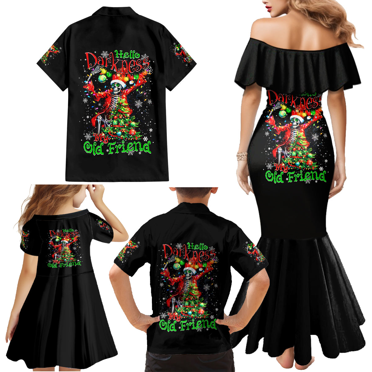 Skeleton Santa Claus Family Matching Mermaid Dress and Hawaiian Shirt Hello Darkness My Old Friend - Wonder Print Shop