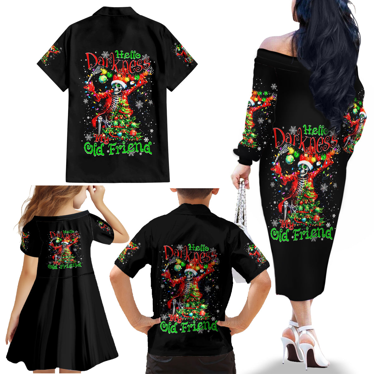Skeleton Santa Claus Family Matching Off Shoulder Long Sleeve Dress and Hawaiian Shirt Hello Darkness My Old Friend - Wonder Print Shop