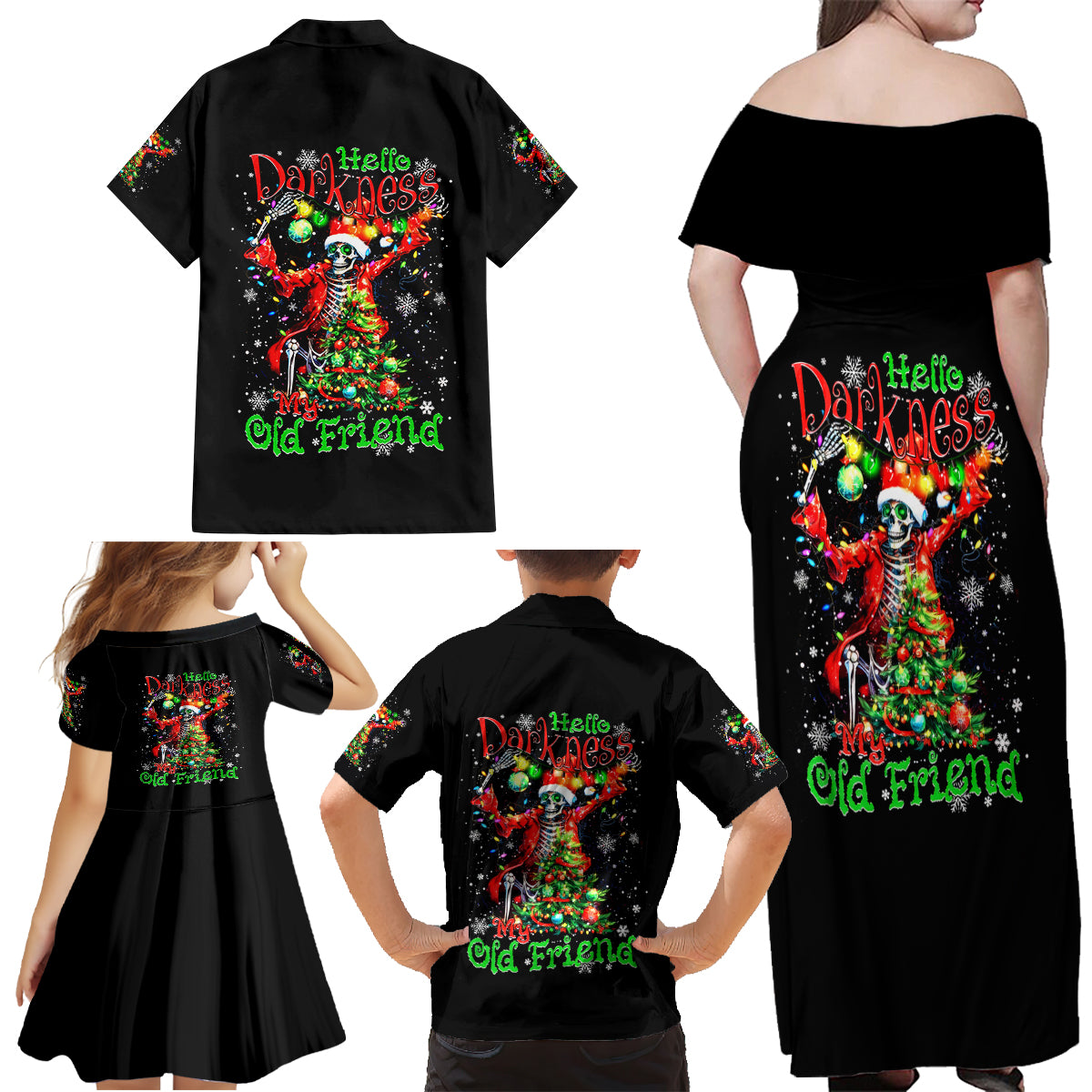 Skeleton Santa Claus Family Matching Off Shoulder Maxi Dress and Hawaiian Shirt Hello Darkness My Old Friend - Wonder Print Shop