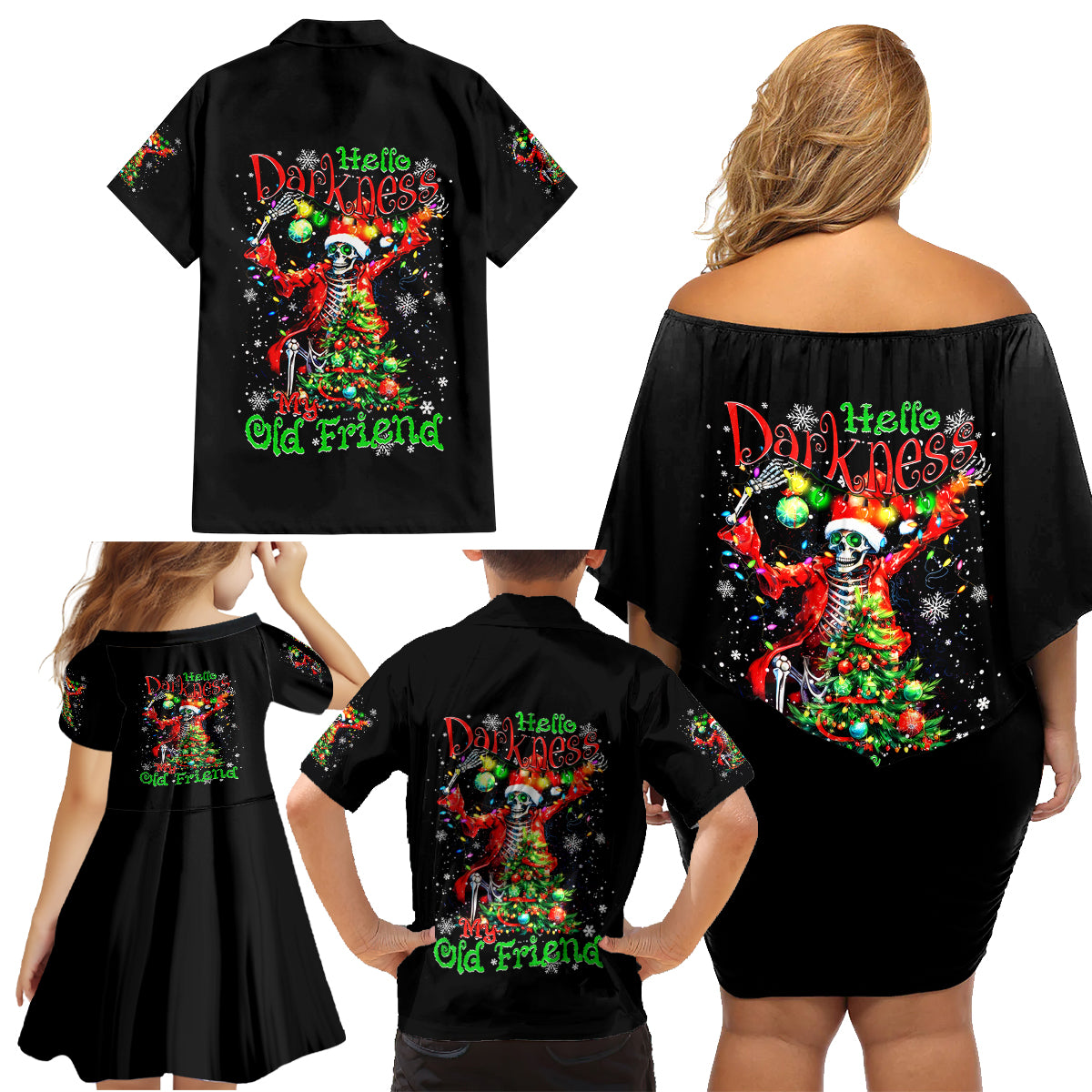 Skeleton Santa Claus Family Matching Off Shoulder Short Dress and Hawaiian Shirt Hello Darkness My Old Friend - Wonder Print Shop