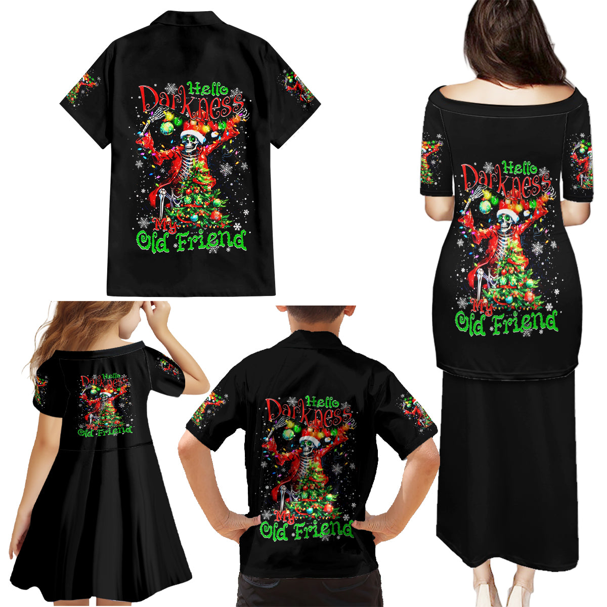 Skeleton Santa Claus Family Matching Puletasi Dress and Hawaiian Shirt Hello Darkness My Old Friend - Wonder Print Shop