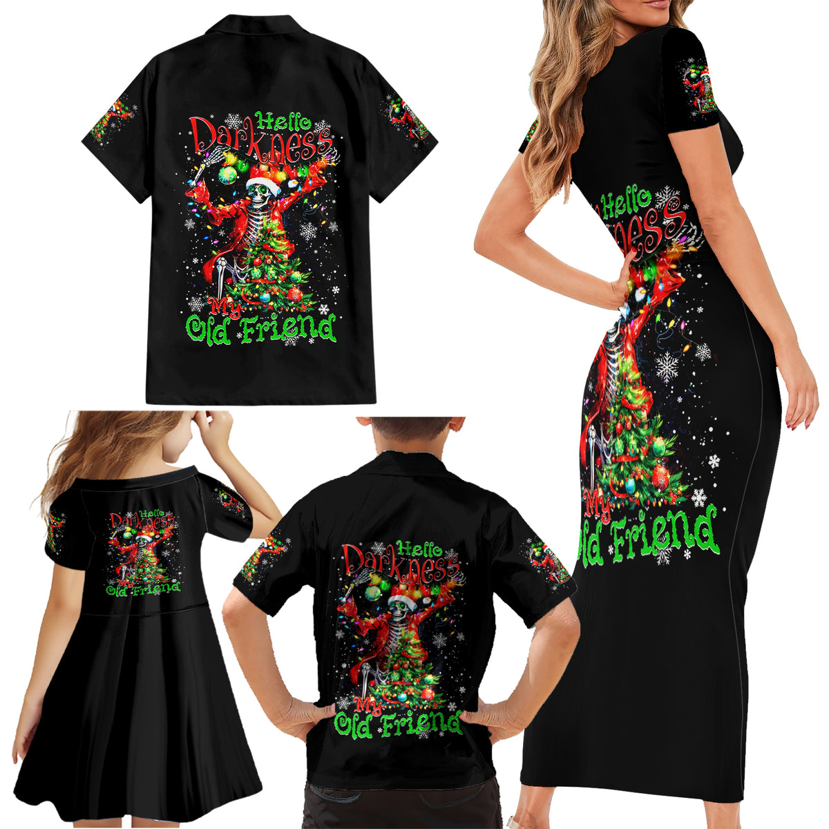 Skeleton Santa Claus Family Matching Short Sleeve Bodycon Dress and Hawaiian Shirt Hello Darkness My Old Friend - Wonder Print Shop