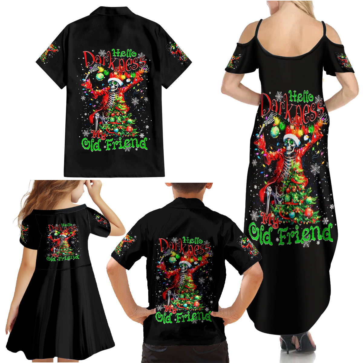Skeleton Santa Claus Family Matching Summer Maxi Dress and Hawaiian Shirt Hello Darkness My Old Friend - Wonder Print Shop