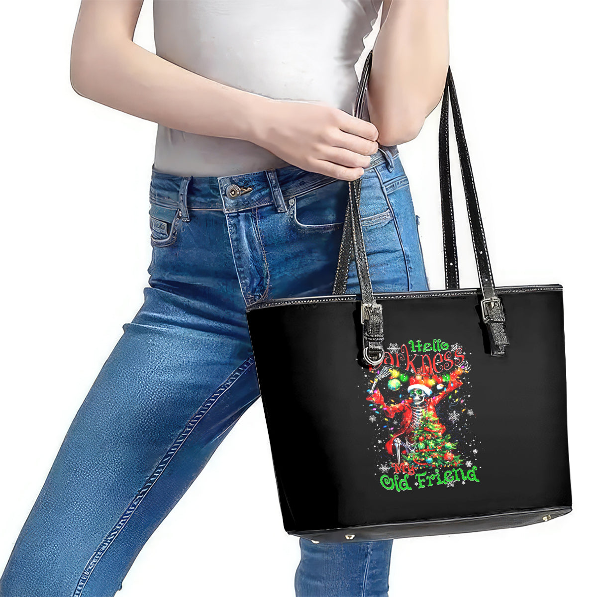 Skeleton Santa Claus Leather Tote Bag Hello Darkness My Old Friend - Wonder Print Shop