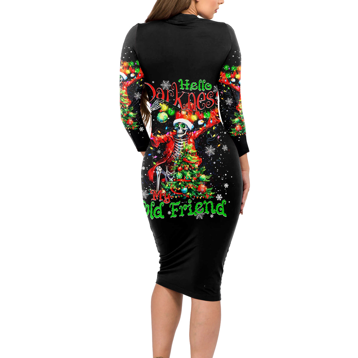 Skeleton Santa Claus Long Sleeve Bodycon Dress Hello Darkness My Old Friend - Wonder Print Shop