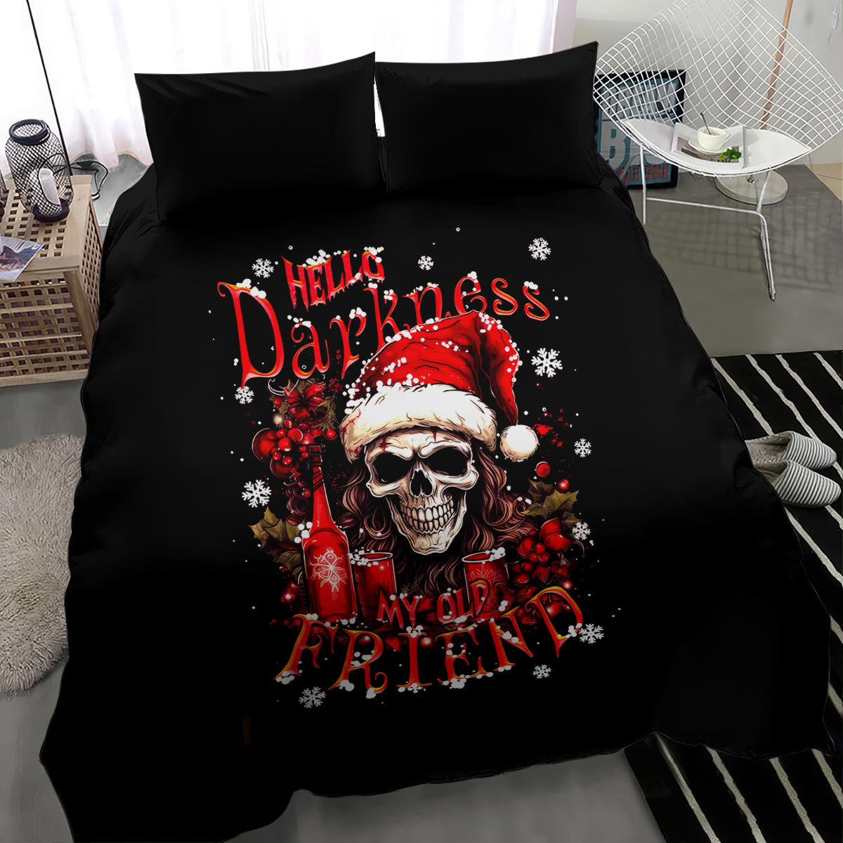 Skull Santa Claus Bedding Set Hello Darkness My Old Friend - Wonder Print Shop