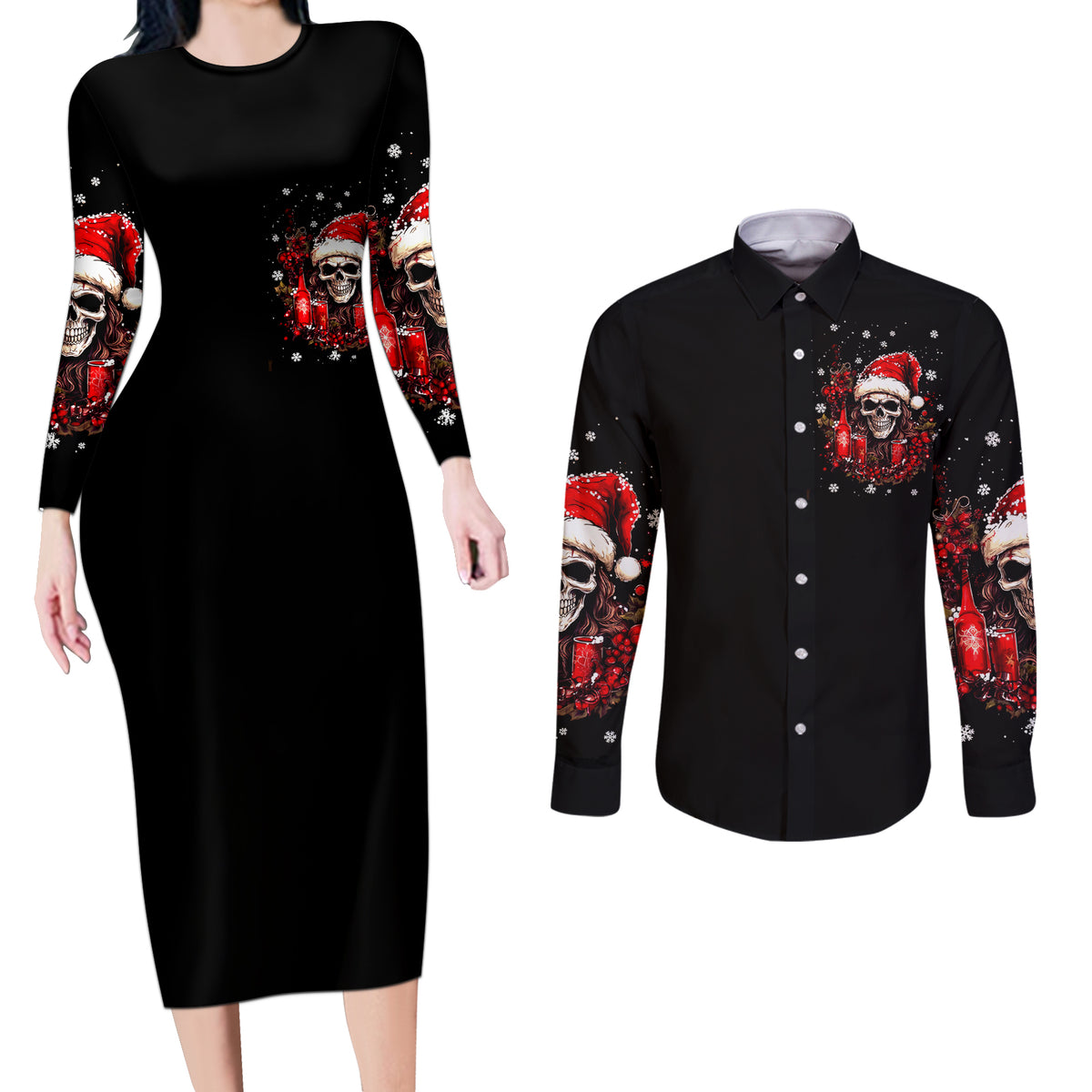 Skull Santa Claus Couples Matching Long Sleeve Bodycon Dress and Long Sleeve Button Shirt Hello Darkness My Old Friend - Wonder Print Shop