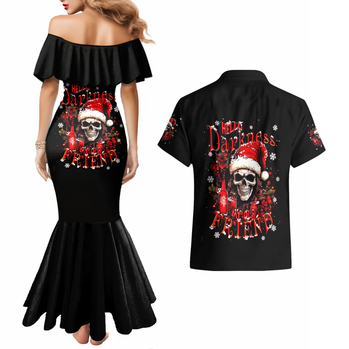 Skull Santa Claus Couples Matching Mermaid Dress and Hawaiian Shirt Hello Darkness My Old Friend - Wonder Print Shop