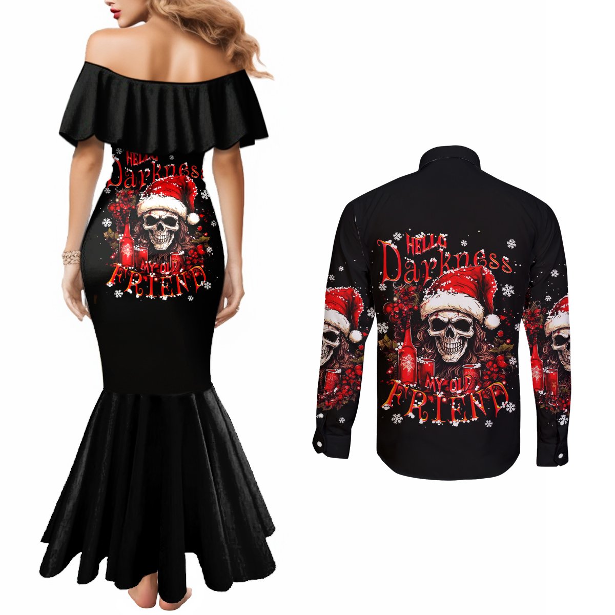 skull-santa-claus-couples-matching-mermaid-dress-and-long-sleeve-button-shirt-hello-darkness-my-old-friend