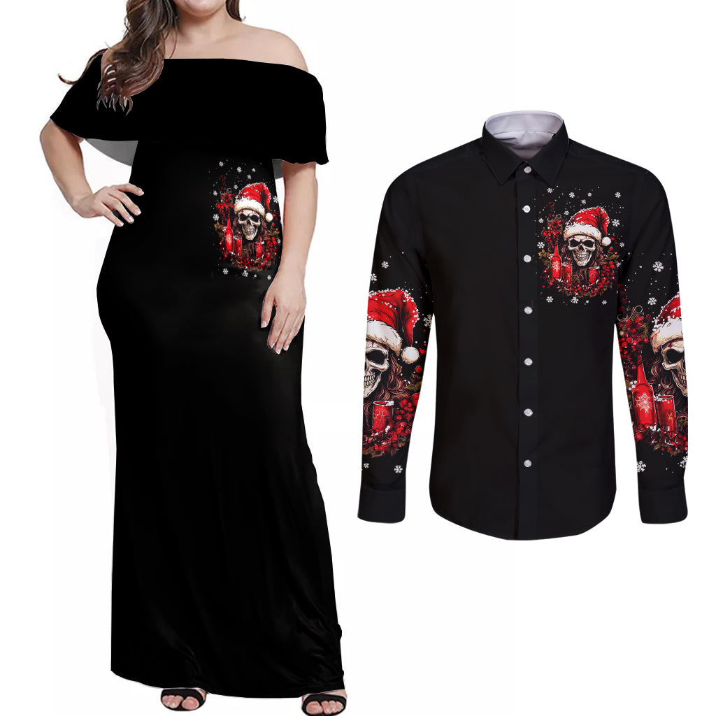 Skull Santa Claus Couples Matching Off Shoulder Maxi Dress and Long Sleeve Button Shirt Hello Darkness My Old Friend - Wonder Print Shop