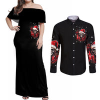 Skull Santa Claus Couples Matching Off Shoulder Maxi Dress and Long Sleeve Button Shirt Hello Darkness My Old Friend - Wonder Print Shop