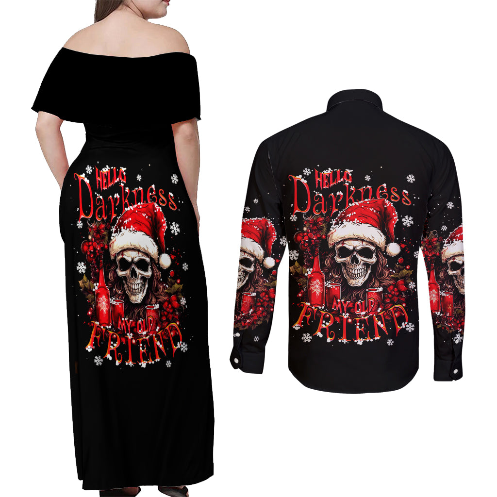 Skull Santa Claus Couples Matching Off Shoulder Maxi Dress and Long Sleeve Button Shirt Hello Darkness My Old Friend - Wonder Print Shop
