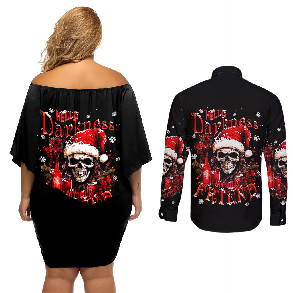 Skull Santa Claus Couples Matching Off Shoulder Short Dress and Long Sleeve Button Shirt Hello Darkness My Old Friend - Wonder Print Shop