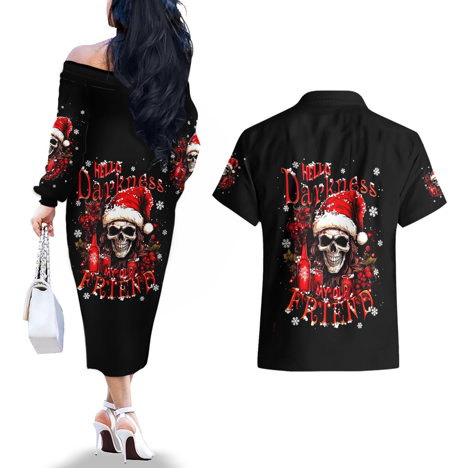 Skull Santa Claus Couples Matching Off The Shoulder Long Sleeve Dress and Hawaiian Shirt Hello Darkness My Old Friend - Wonder Print Shop