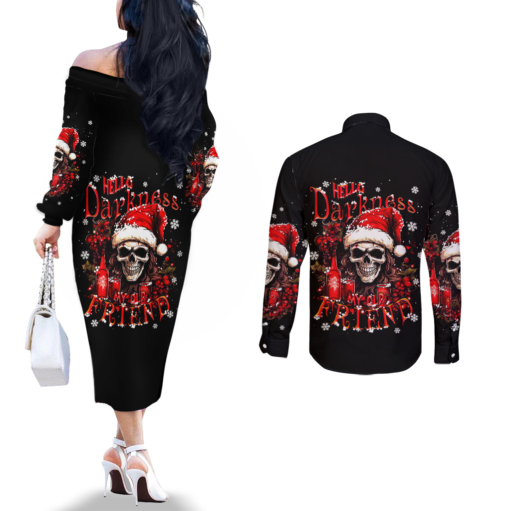 skull-santa-claus-couples-matching-off-the-shoulder-long-sleeve-dress-and-long-sleeve-button-shirt-hello-darkness-my-old-friend
