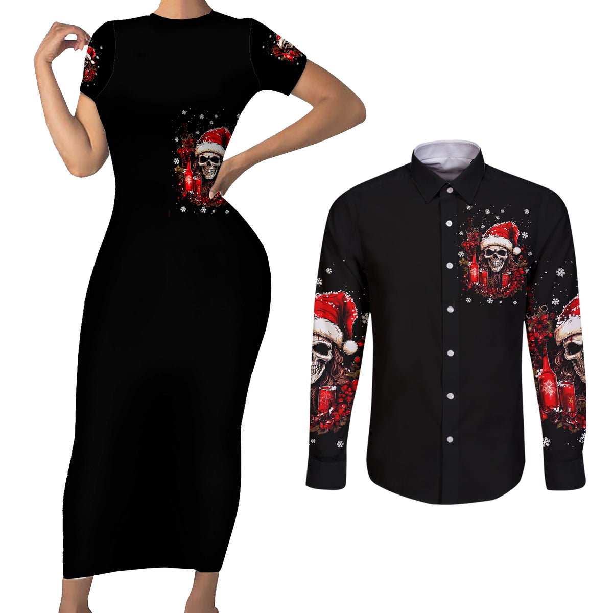 Skull Santa Claus Couples Matching Short Sleeve Bodycon Dress and Long Sleeve Button Shirt Hello Darkness My Old Friend - Wonder Print Shop