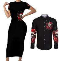 Skull Santa Claus Couples Matching Short Sleeve Bodycon Dress and Long Sleeve Button Shirt Hello Darkness My Old Friend - Wonder Print Shop
