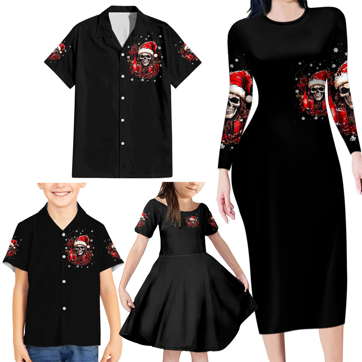 Skull Santa Claus Family Matching Long Sleeve Bodycon Dress and Hawaiian Shirt Hello Darkness My Old Friend - Wonder Print Shop