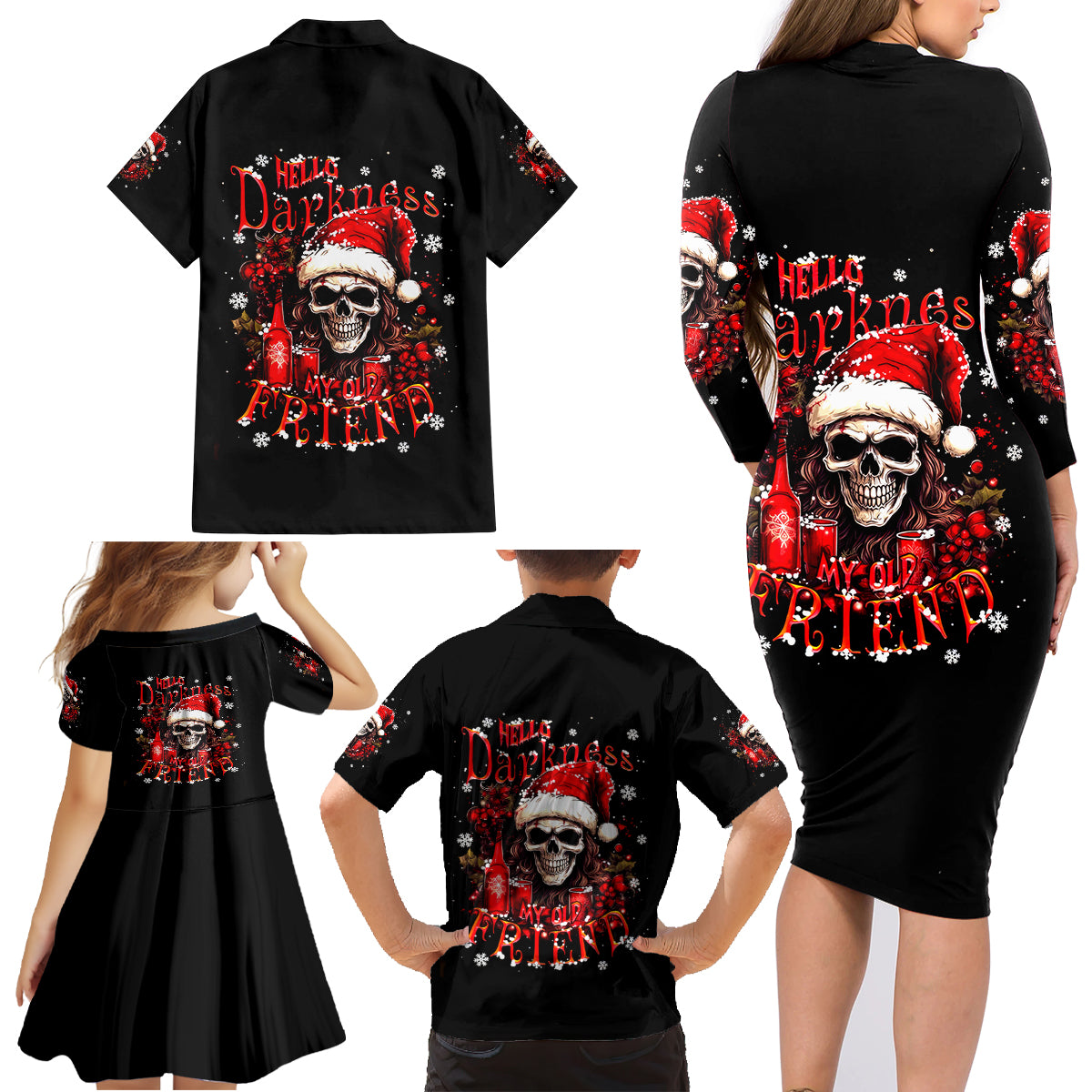Skull Santa Claus Family Matching Long Sleeve Bodycon Dress and Hawaiian Shirt Hello Darkness My Old Friend - Wonder Print Shop