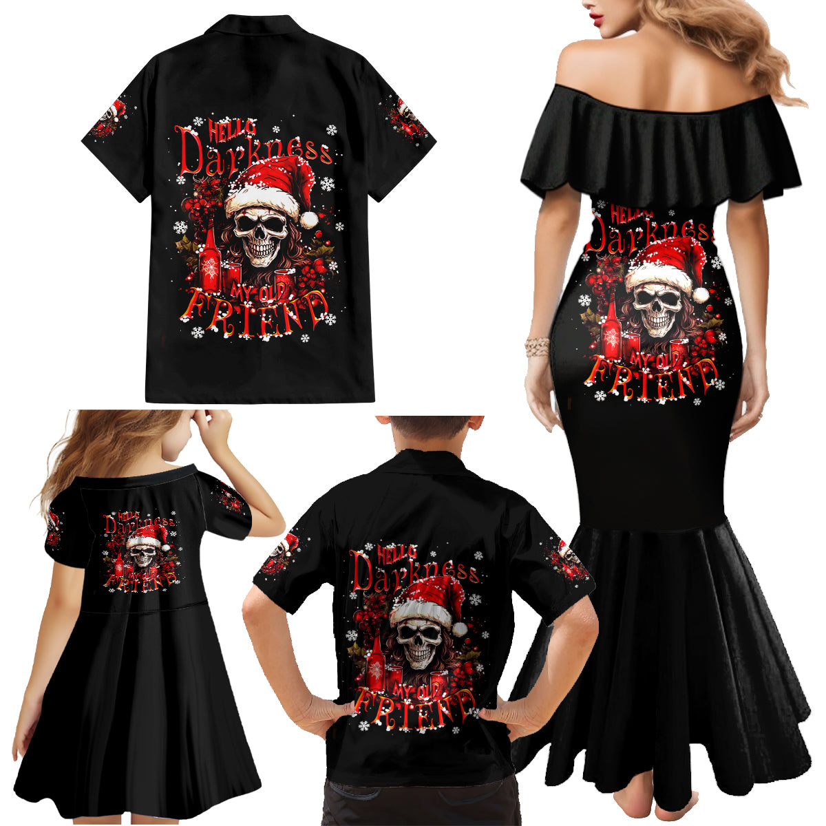 Skull Santa Claus Family Matching Mermaid Dress and Hawaiian Shirt Hello Darkness My Old Friend - Wonder Print Shop