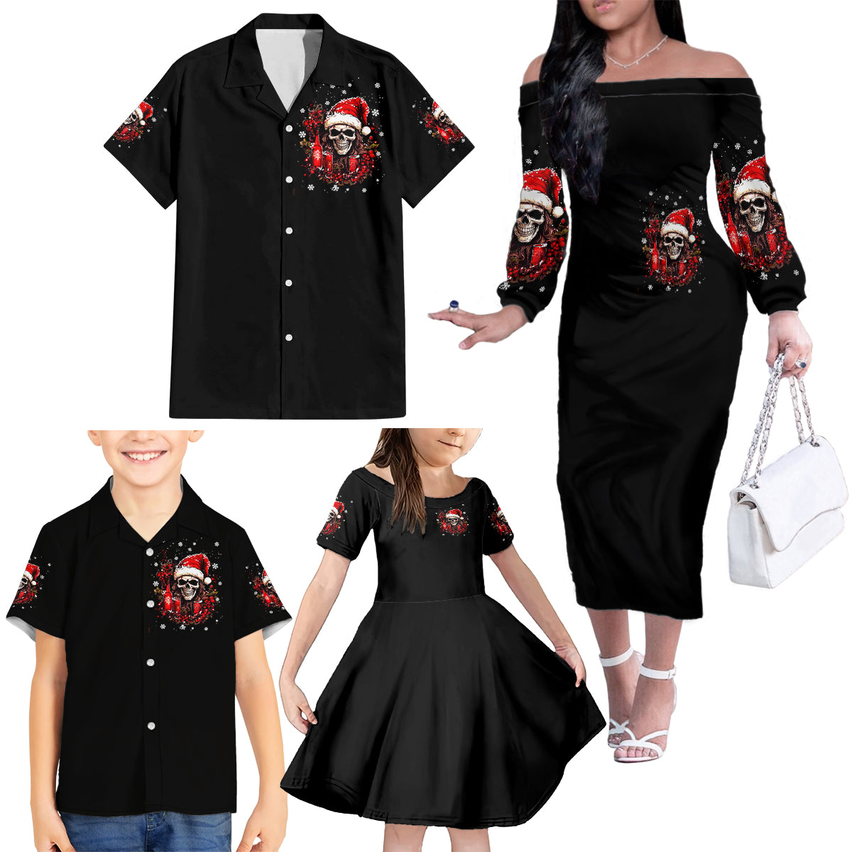 Skull Santa Claus Family Matching Off Shoulder Long Sleeve Dress and Hawaiian Shirt Hello Darkness My Old Friend - Wonder Print Shop