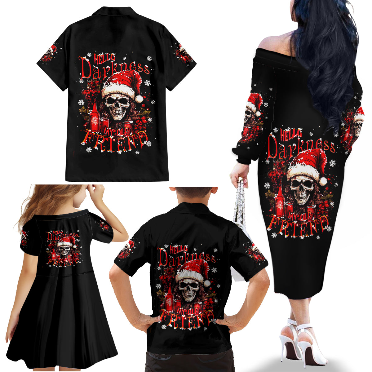 Skull Santa Claus Family Matching Off Shoulder Long Sleeve Dress and Hawaiian Shirt Hello Darkness My Old Friend - Wonder Print Shop