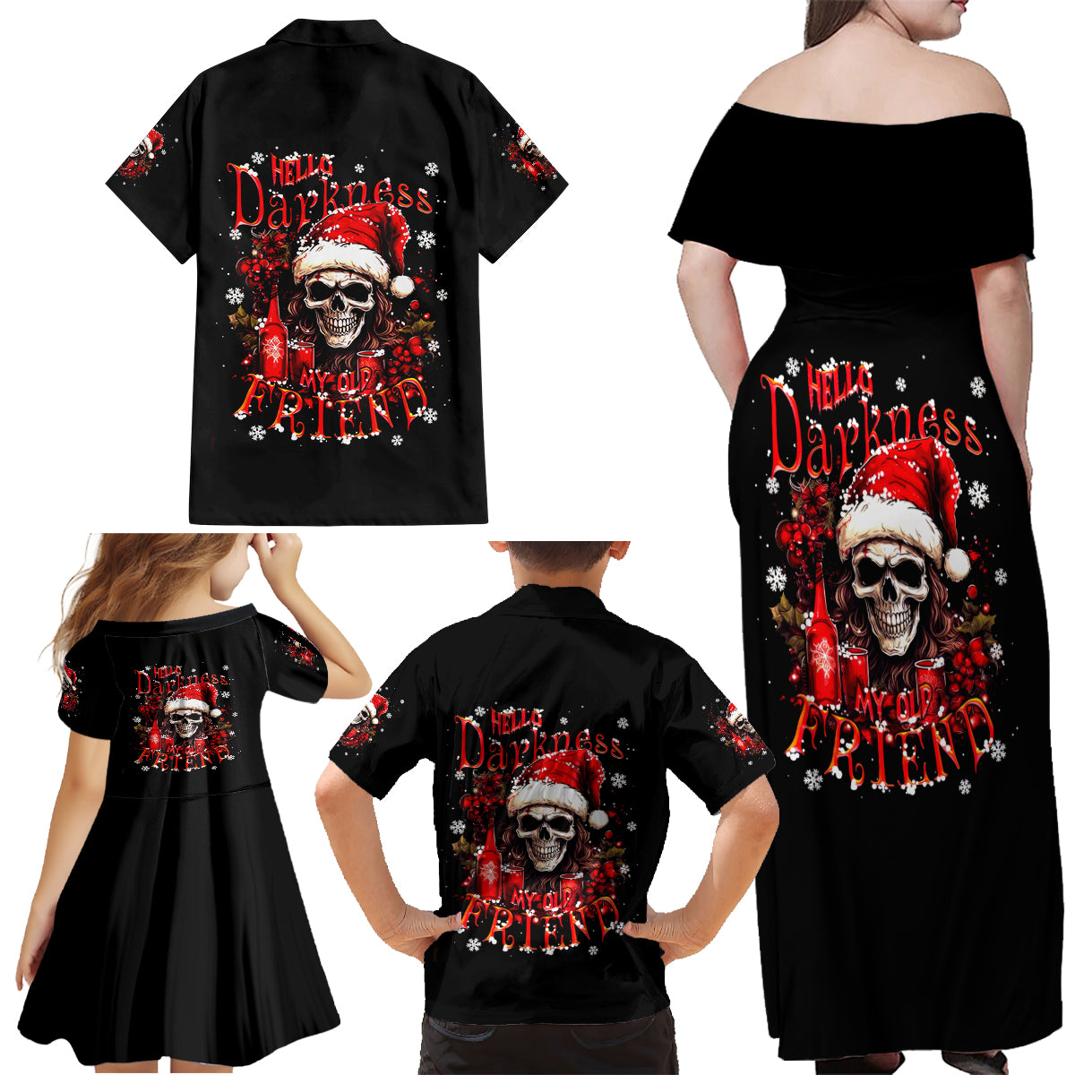 Skull Santa Claus Family Matching Off Shoulder Maxi Dress and Hawaiian Shirt Hello Darkness My Old Friend - Wonder Print Shop