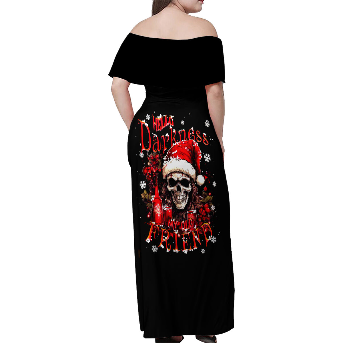Skull Santa Claus Family Matching Off Shoulder Maxi Dress and Hawaiian Shirt Hello Darkness My Old Friend - Wonder Print Shop