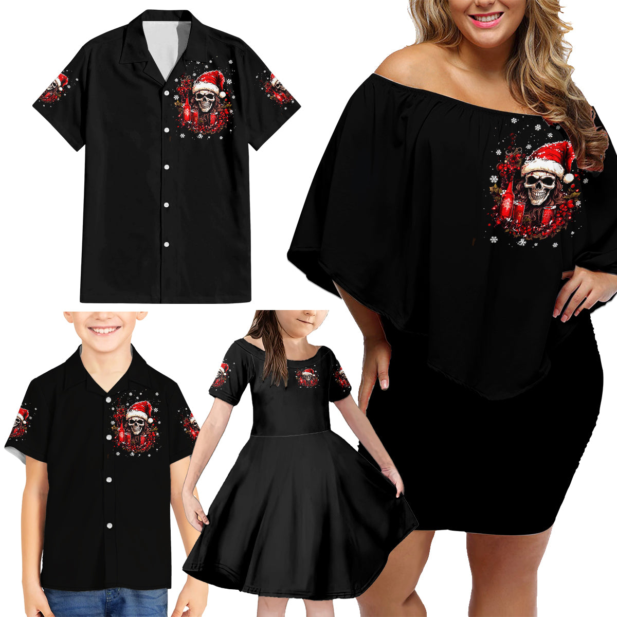 Skull Santa Claus Family Matching Off Shoulder Short Dress and Hawaiian Shirt Hello Darkness My Old Friend - Wonder Print Shop