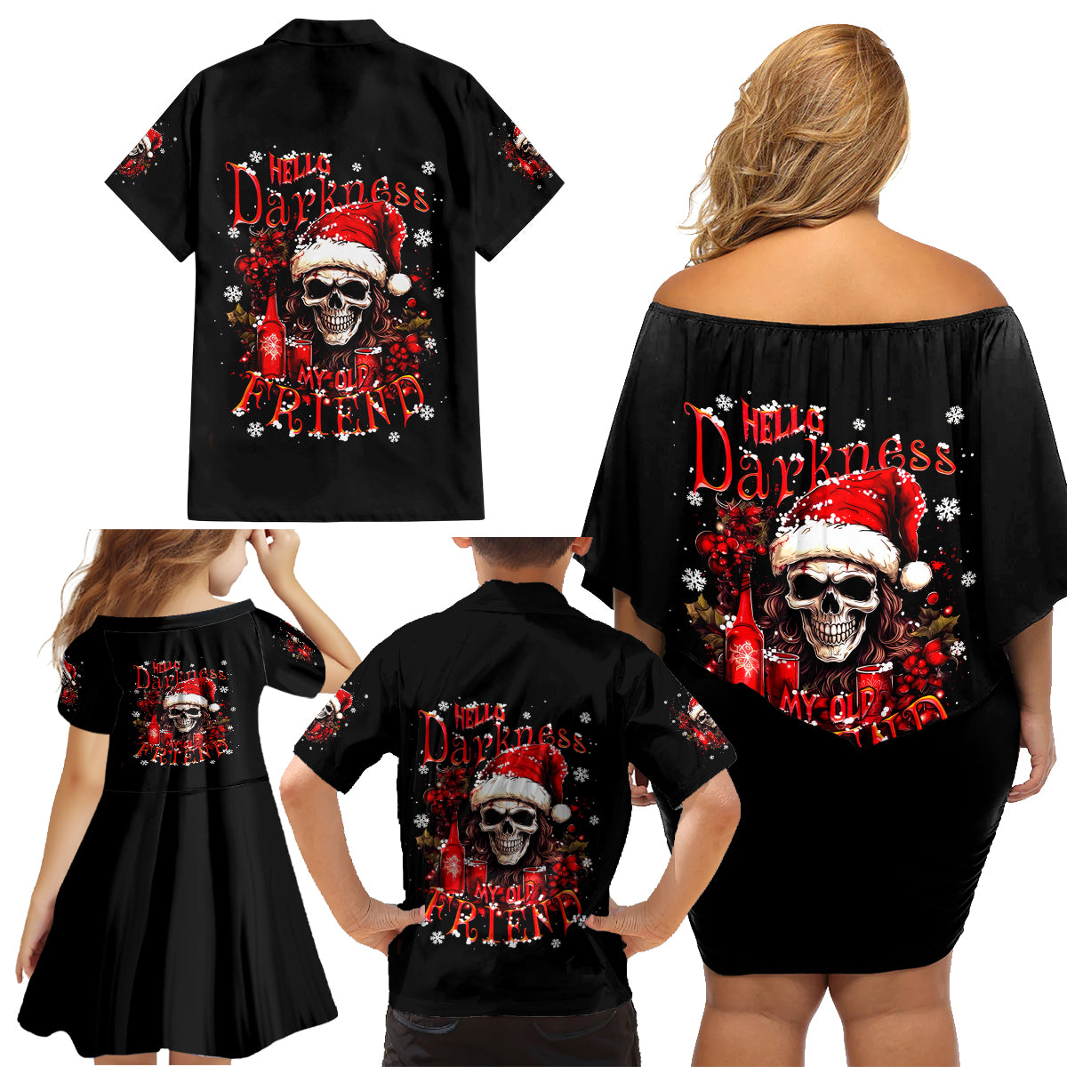 Skull Santa Claus Family Matching Off Shoulder Short Dress and Hawaiian Shirt Hello Darkness My Old Friend - Wonder Print Shop