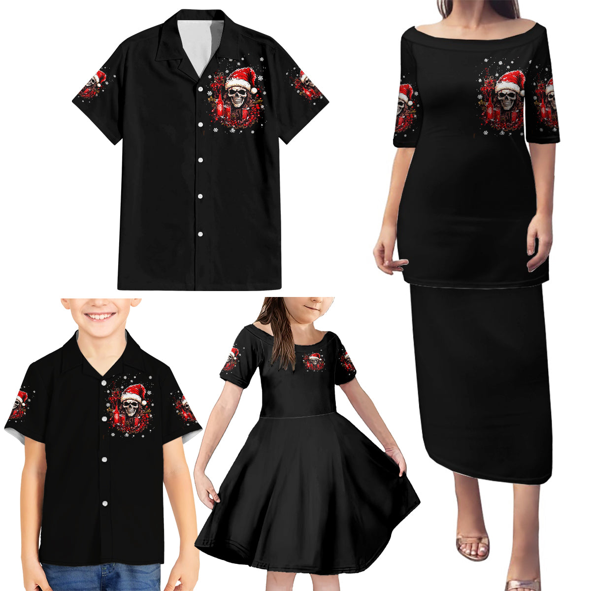 Skull Santa Claus Family Matching Puletasi Dress and Hawaiian Shirt Hello Darkness My Old Friend - Wonder Print Shop